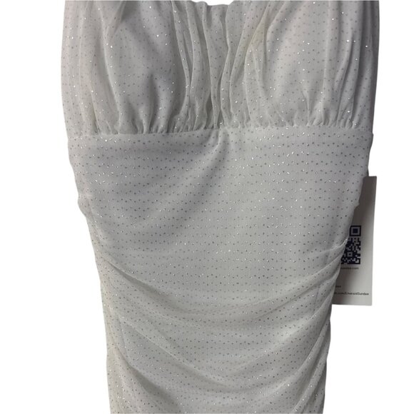 White Ruched Mini Dress With Glitter Accents Adjustable Spaghetti Straps - Picture 2 of 6